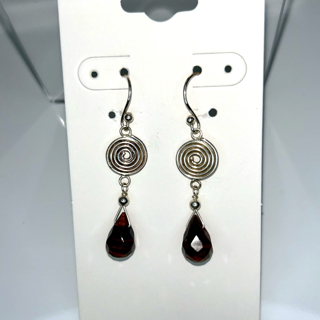 Sterling Silver Celtic Swirl Red Tiger Eye Faceted Pear Gemstone Earrings Boho